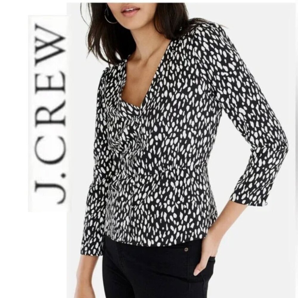 J. Crew Black White Blouse Size 8 V-neck Long Sleeve Patterned Top Chic Flowy